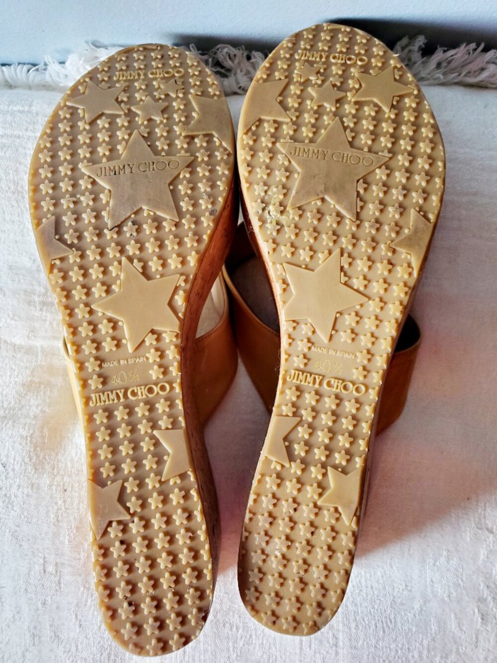 Jimmy Choo Patent Leather Cork Wedge Sandals Yellow Resort Thong Y2K Design 40.5 - Picture 10 of 15